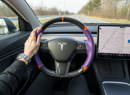 Purple and orange Carbon Fiber Tesla Model 3 Custom Steering Wheel -DYNA(2017-2023.9) Axeco