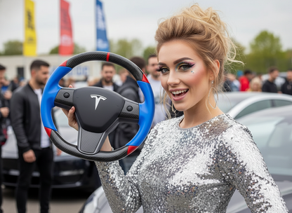 Blue and Red Carbon Fiber Tesla Model 3 Custom Steering Wheel -DYNA(2017-2023.9) Axeco