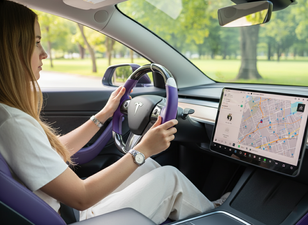 Purple and white Carbon Fiber Tesla Model 3 Custom Steering Wheel -DYNA(2017-2023.9) Axeco