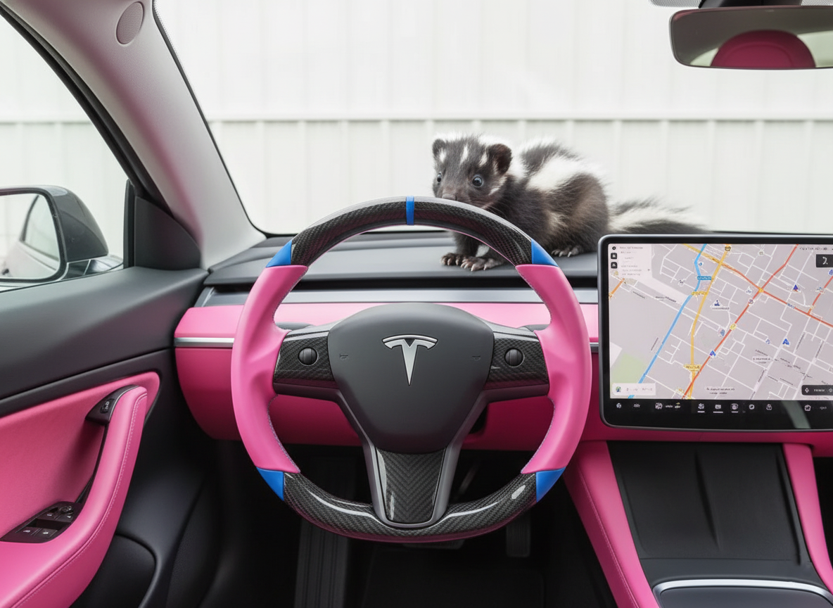 Pink and blue leather black carbon fiber Tesla Model Y steering wheel - DYNA (2020-2024) Axeco