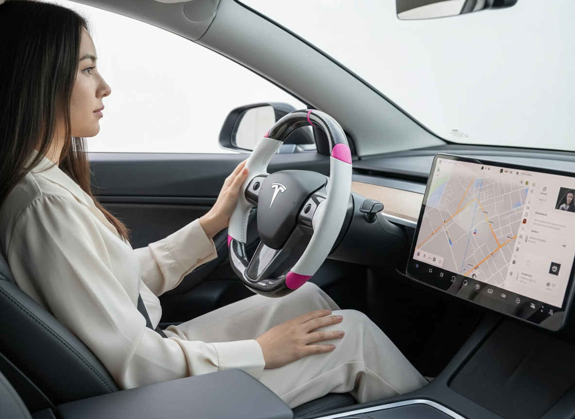 White and pink Carbon Fiber Tesla Model 3 Custom Steering Wheel -DYNA(2017-2023.9) Axeco