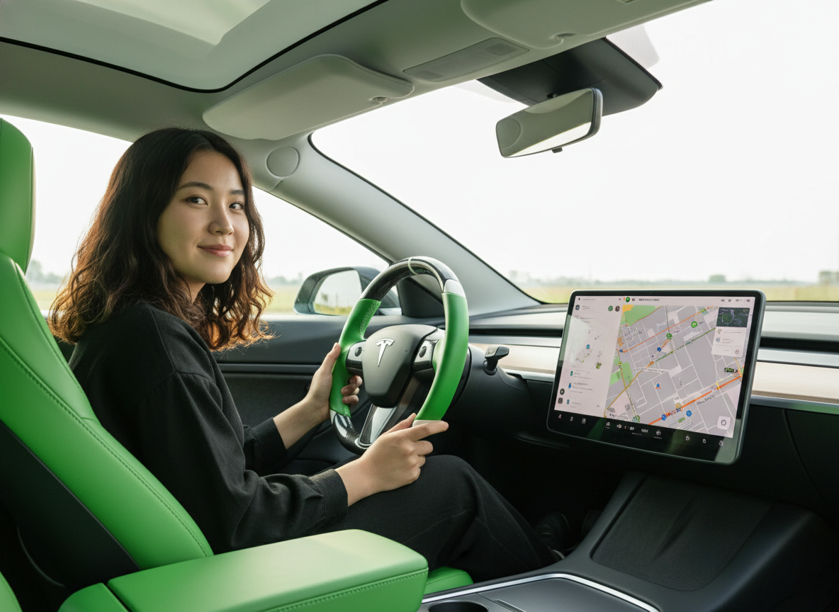 Green and white Carbon Fiber Tesla Model 3 Custom Steering Wheel -DYNA(2017-2023.9) Axeco