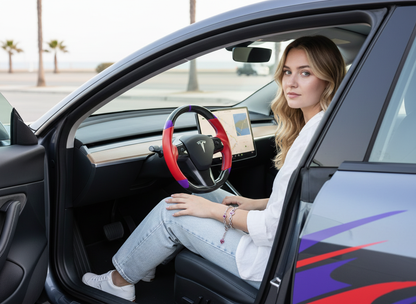 Red and purple leather black carbon fiber Tesla Model Y steering wheel - DYNA (2020-2024) Axeco