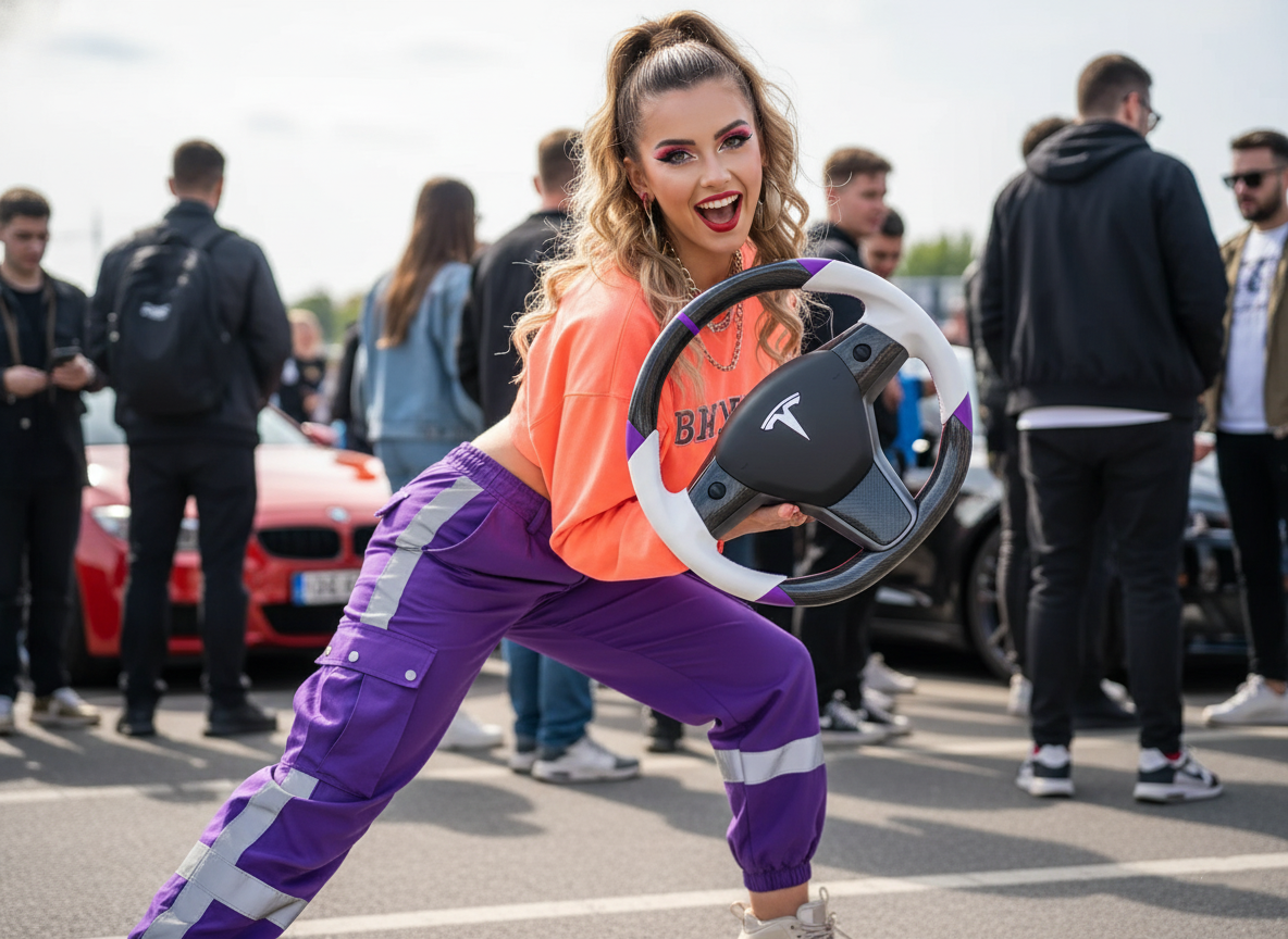 White and purple leather black carbon fiber Tesla Model Y steering wheel - DYNA (2020-2024) Axeco