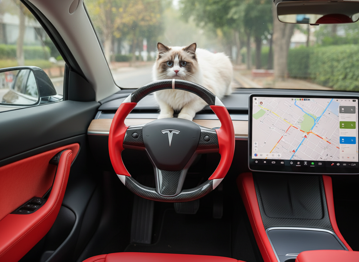 Red and white Carbon Fiber Tesla Model 3 Custom Steering Wheel -DYNA(2017-2023.9) Axeco