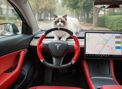 Red and white Carbon Fiber Tesla Model 3 Custom Steering Wheel -DYNA(2017-2023.9) Axeco