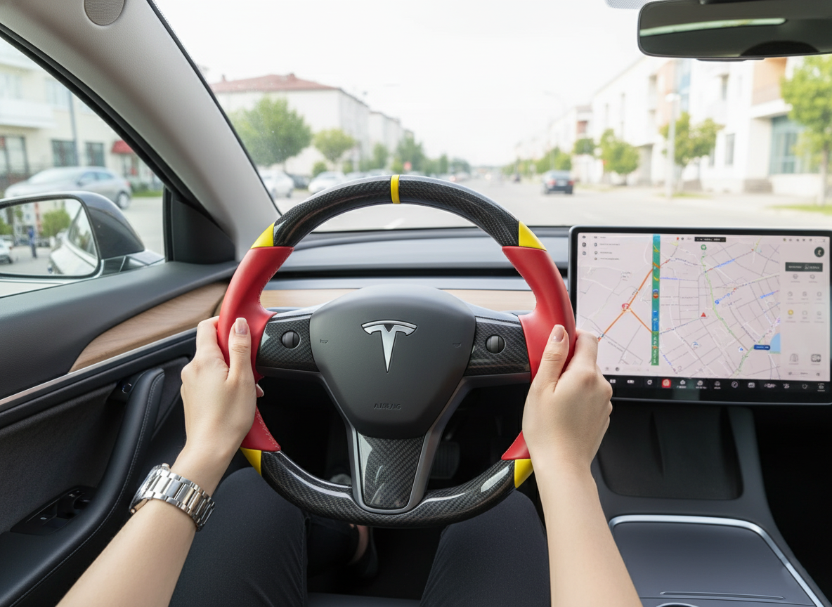 Red and yellow Carbon Fiber Tesla Model 3 Custom Steering Wheel -DYNA(2017-2023.9) Axeco