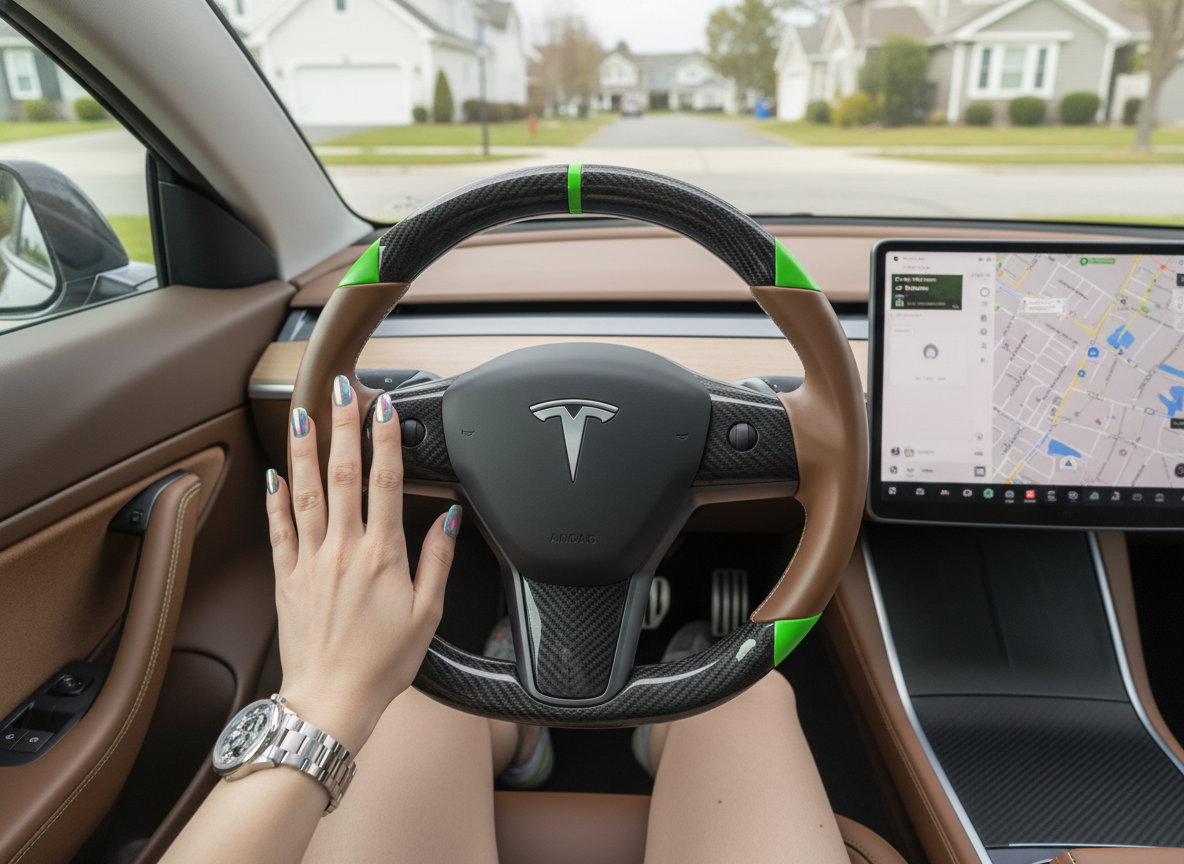 Brown and green leather black carbon fiber Tesla Model Y steering wheel - DYNA (2020-2024) Axeco