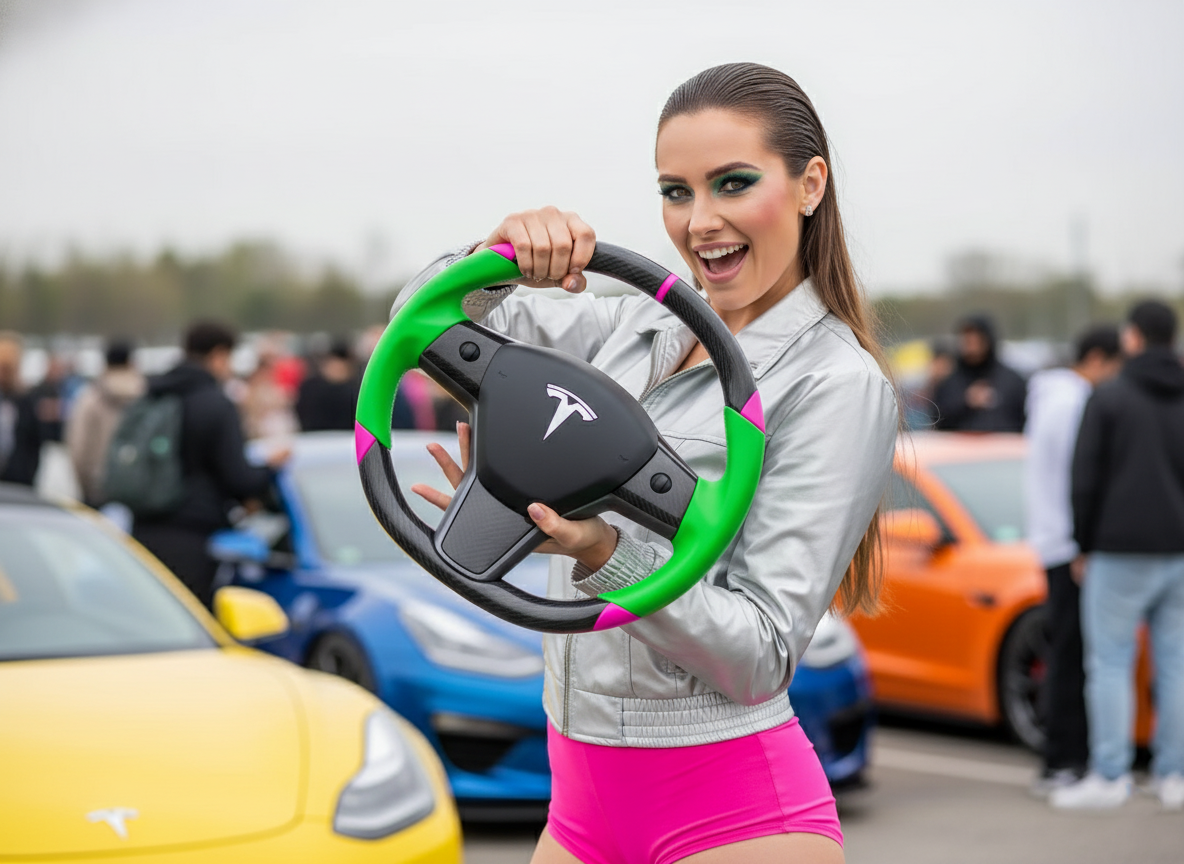 Green and pink Carbon Fiber Tesla Model 3 Custom Steering Wheel -DYNA(2017-2023.9) Axeco