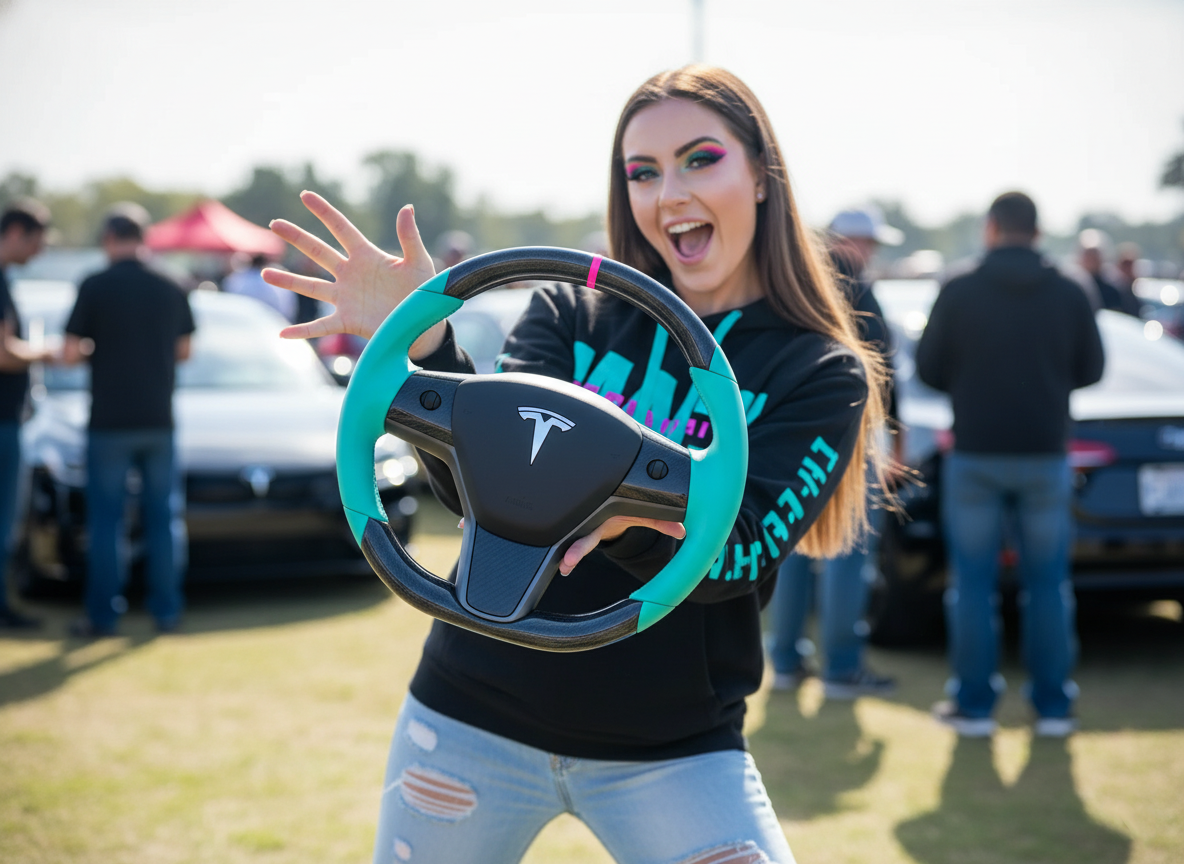 Mint Green Carbon Fiber Tesla Model 3 Steering Wheel-DYNA(2017.2023.8) Axeco
