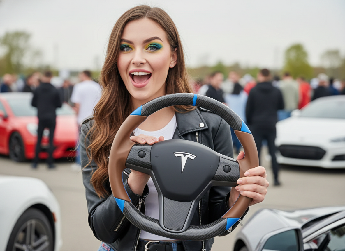 Brown and blue leather black carbon fiber Tesla Model Y steering wheel - DYNA (2020-2024) Axeco