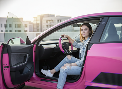 Pink and purple leather black carbon fiber Tesla Model Y steering wheel - DYNA (2020-2024) Axeco