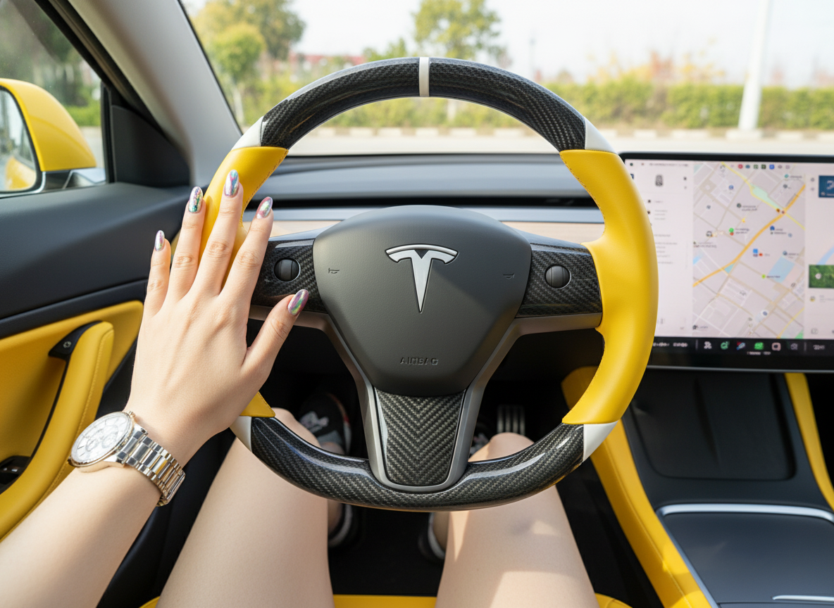 Yellow and white Carbon Fiber Tesla Model 3 Custom Steering Wheel -DYNA(2017-2023.9) Axeco