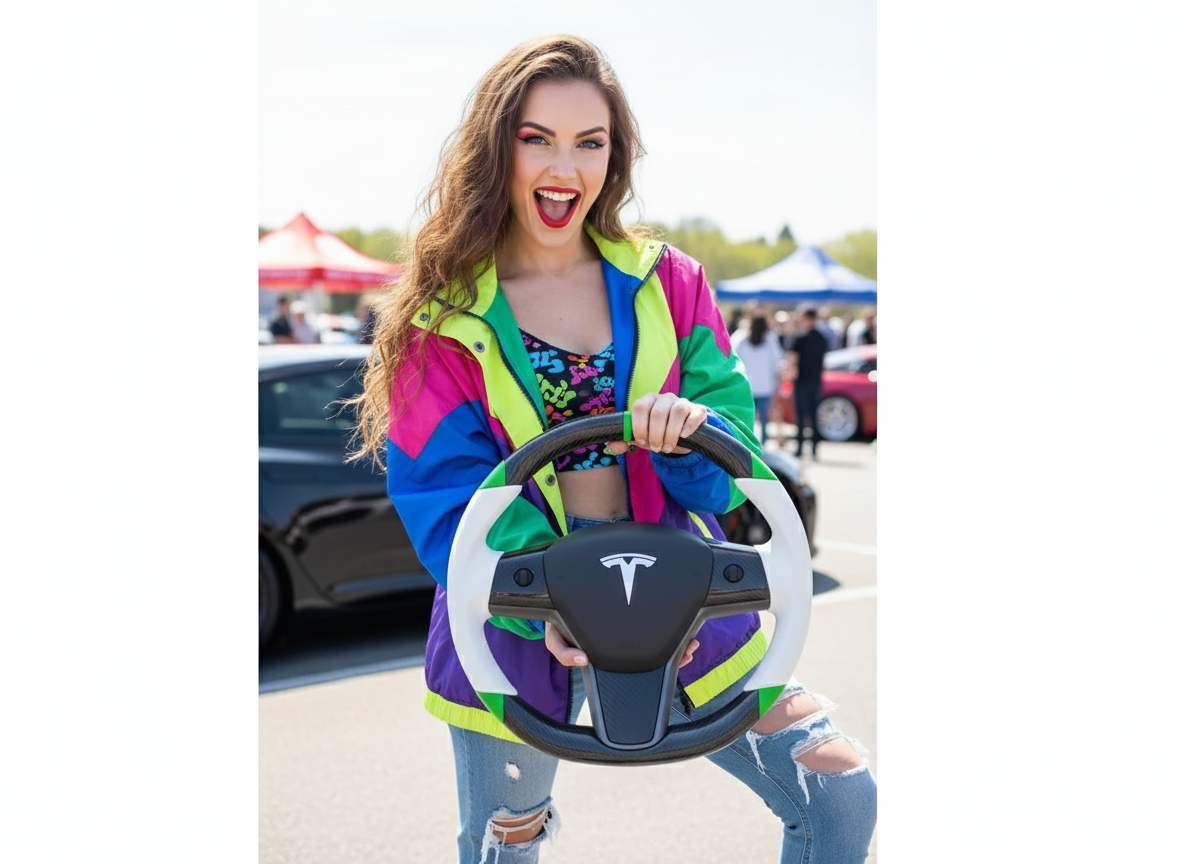 White and green leather black carbon fiber Tesla Model Y steering wheel - DYNA (2020-2024) Axeco