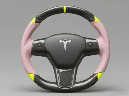 Pink and yellow Carbon Fiber Tesla Model 3 Custom Steering Wheel -DYNA(2017-2023.9) Axeco