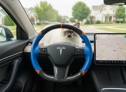 Blue and orange Carbon Fiber Tesla Model 3 Custom Steering Wheel -DYNA(2017-2023.9) Axeco