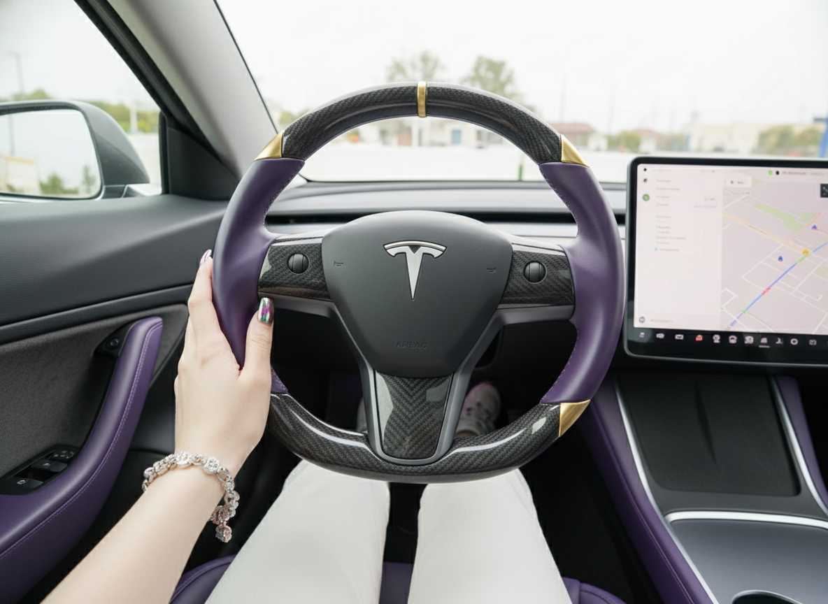 Purple and gold Carbon Fiber Tesla Model 3 Steering Wheel -DYNA(2017-2023.9) Axeco