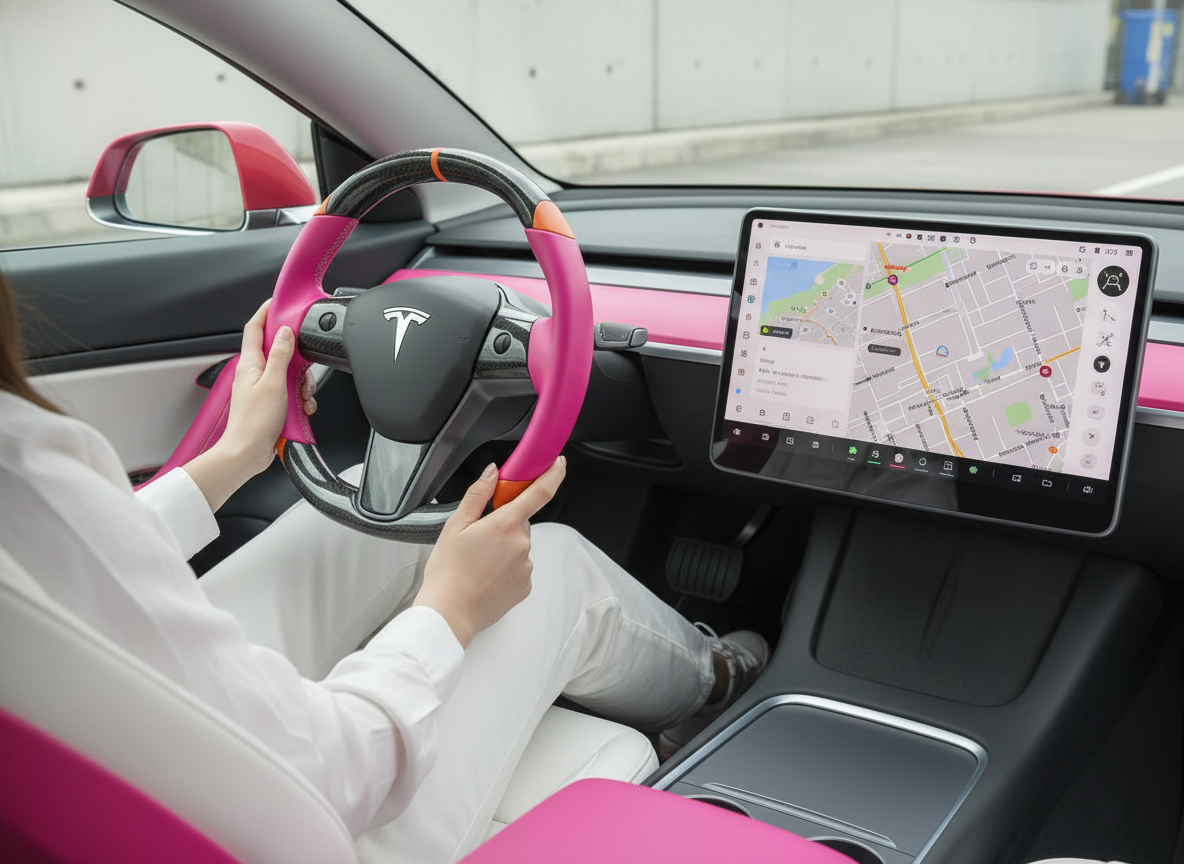 Pink and orange Carbon Fiber Tesla Model 3 Custom Steering Wheel -DYNA(2017-2023.9) Axeco