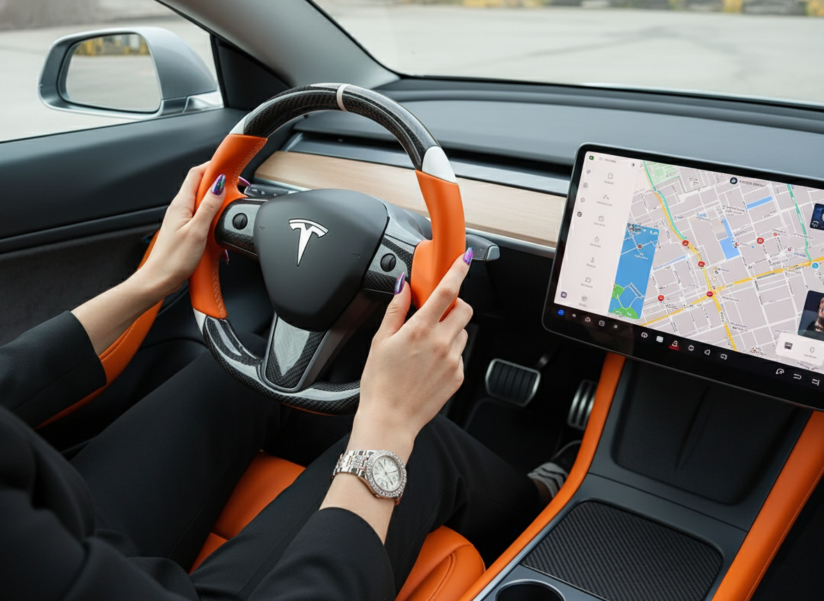 Orange and white Carbon Fiber Tesla Model 3 Custom Steering Wheel -DYNA(2017-2023.9) Axeco