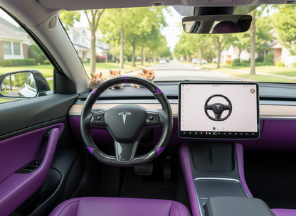 Black and purple leather black carbon fiber Tesla Model Y steering wheel - DYNA (2020-2024) Axeco