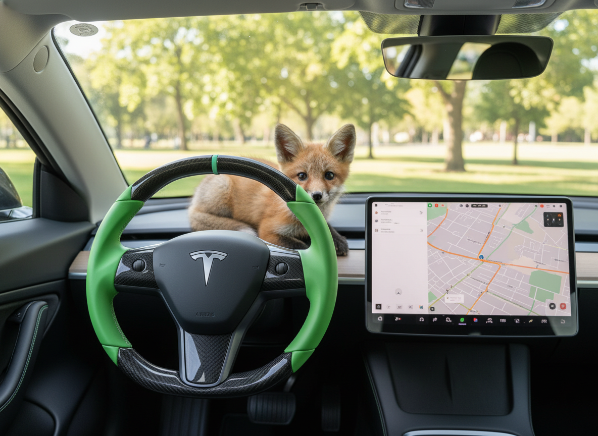 Green leather black carbon fiber Tesla Model Y steering wheel - DYNA (2020-2024) Axeco