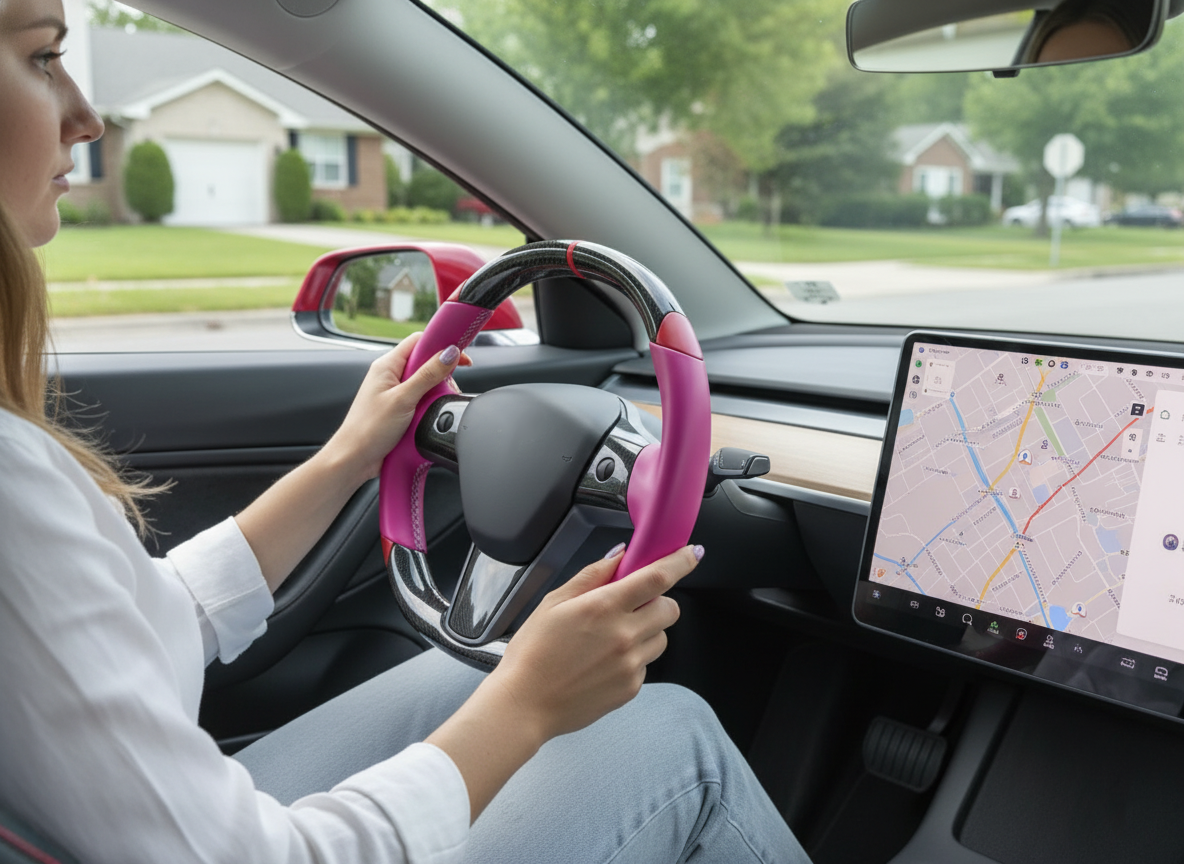 Pink and red Carbon Fiber Tesla Model 3 Custom Steering Wheel -DYNA(2017-2023.9) Axeco