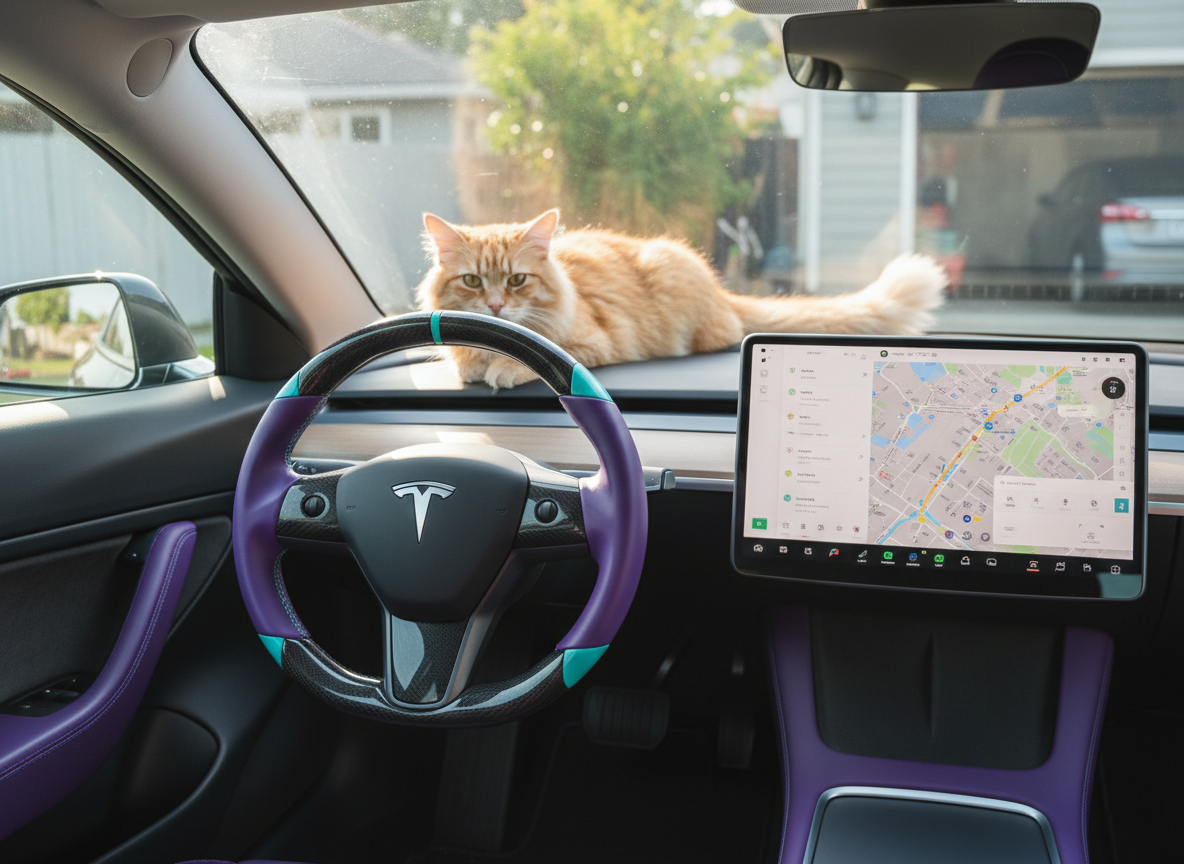 Purple and light blue leather black carbon fiber Tesla Model Y steering wheel - DYNA (2020-2024) Axeco