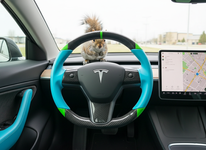Blue and green leather black carbon fiber Tesla Model Y steering wheel - DYNA (2020-2024) Axeco