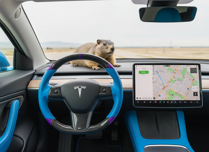 Blue and purple leather black carbon fiber Tesla Model Y steering wheel - DYNA (2020-2024) Axeco