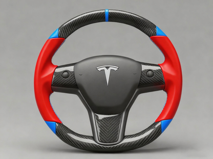 red and blue leather black carbon fiber Tesla Model Y steering wheel - DYNA (2020-2024) Axeco