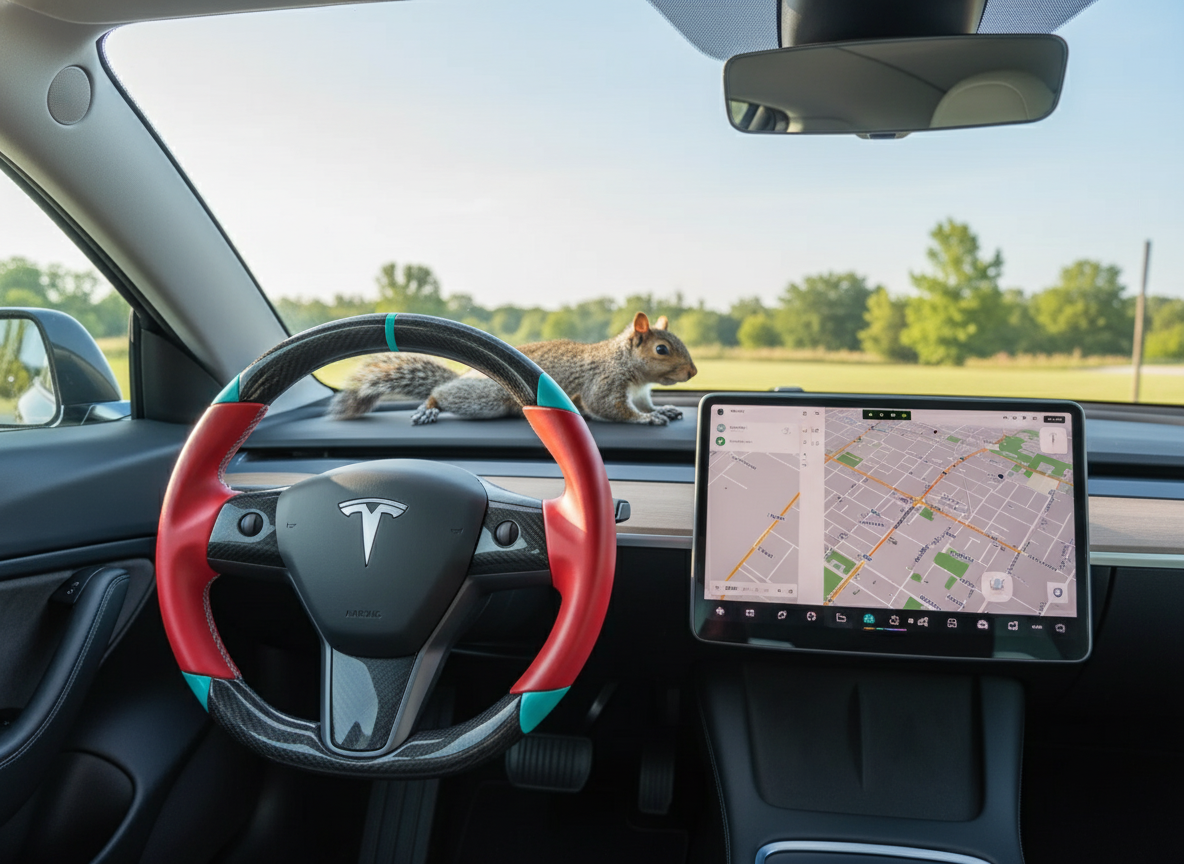 Red and light blue leather black carbon fiber Tesla Model Y steering wheel - DYNA (2020-2024) Axeco