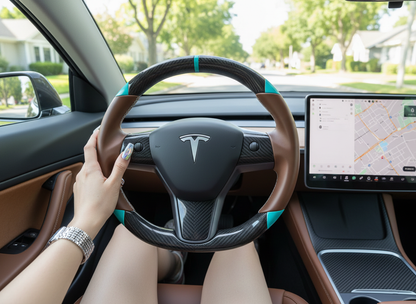 Brown and light blue leather black carbon fiber Tesla Model Y steering wheel - DYNA (2020-2024) Axeco