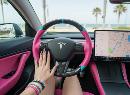 Pink and light blue leather black carbon fiber Tesla Model Y steering wheel - DYNA (2020-2024) Axeco