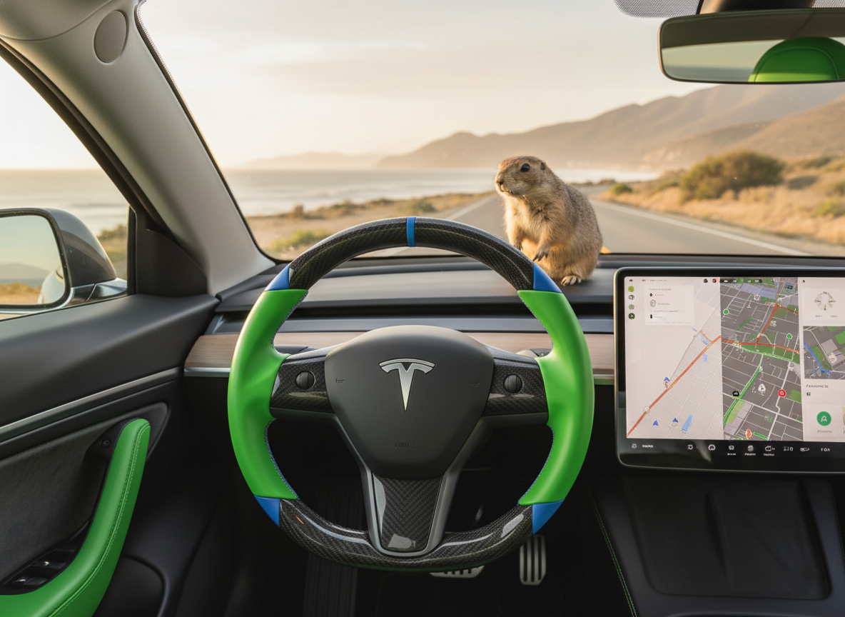 Green and blue leather black carbon fiber Tesla Model Y steering wheel - DYNA (2020-2024) Axeco