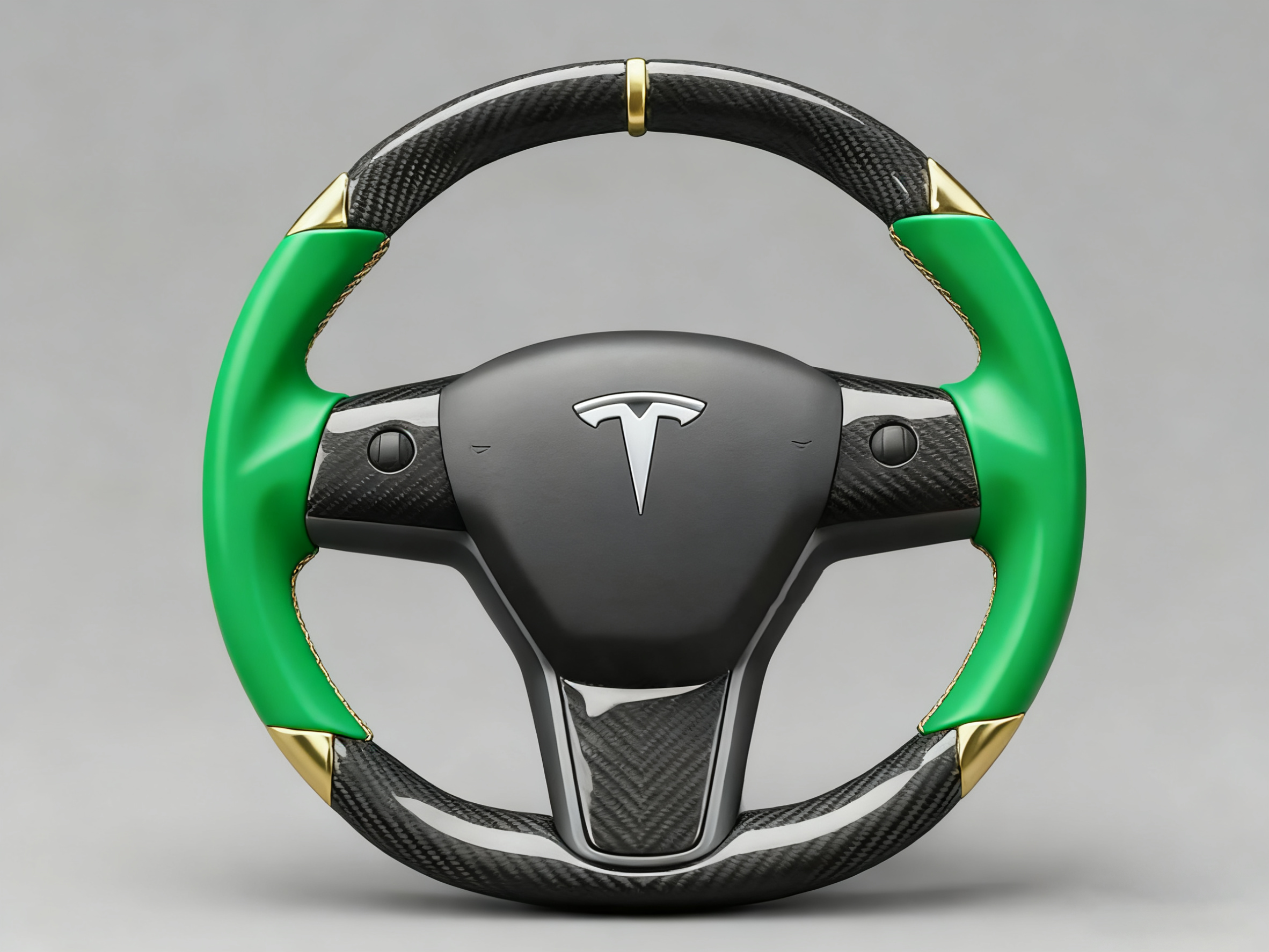 Green and gold leather black carbon fiber Tesla Model Y steering wheel - DYNA (2020-2024) Axeco