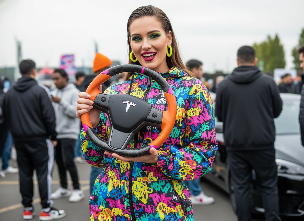 Orange and pink Carbon Fiber Tesla Model 3 Custom Steering Wheel -DYNA(2017-2023.9) Axeco