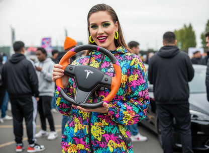 Orange and pink Carbon Fiber Tesla Model 3 Custom Steering Wheel -DYNA(2017-2023.9) Axeco