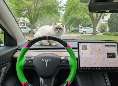 Green and pink Carbon Fiber Tesla Model 3 Custom Steering Wheel -DYNA(2017-2023.9) Axeco