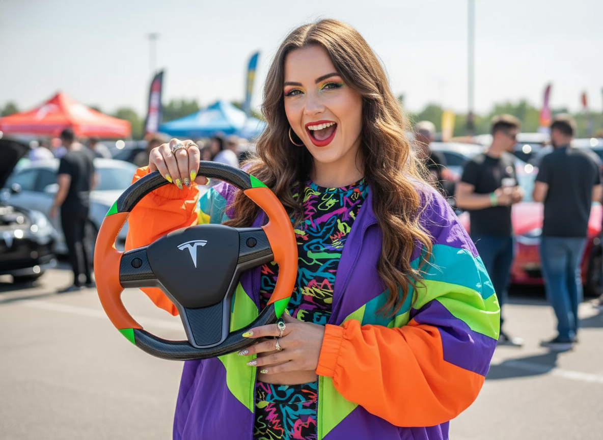 Orange and green leather black carbon fiber Tesla Model Y steering wheel - DYNA (2020-2024) Axeco