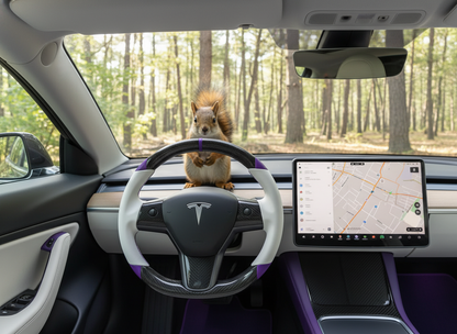 White and purple leather black carbon fiber Tesla Model Y steering wheel - DYNA (2020-2024) Axeco