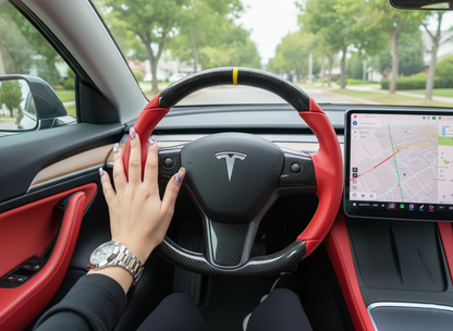 Red Black and Yellow Carbon Fiber Tesla Model 3 Steering Wheel-DYNA(2017.2023.8) Axeco