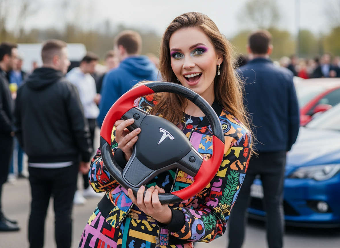 Red and black leather black carbon fiber Tesla Model Y steering wheel - DYNA (2020-2024) Axeco