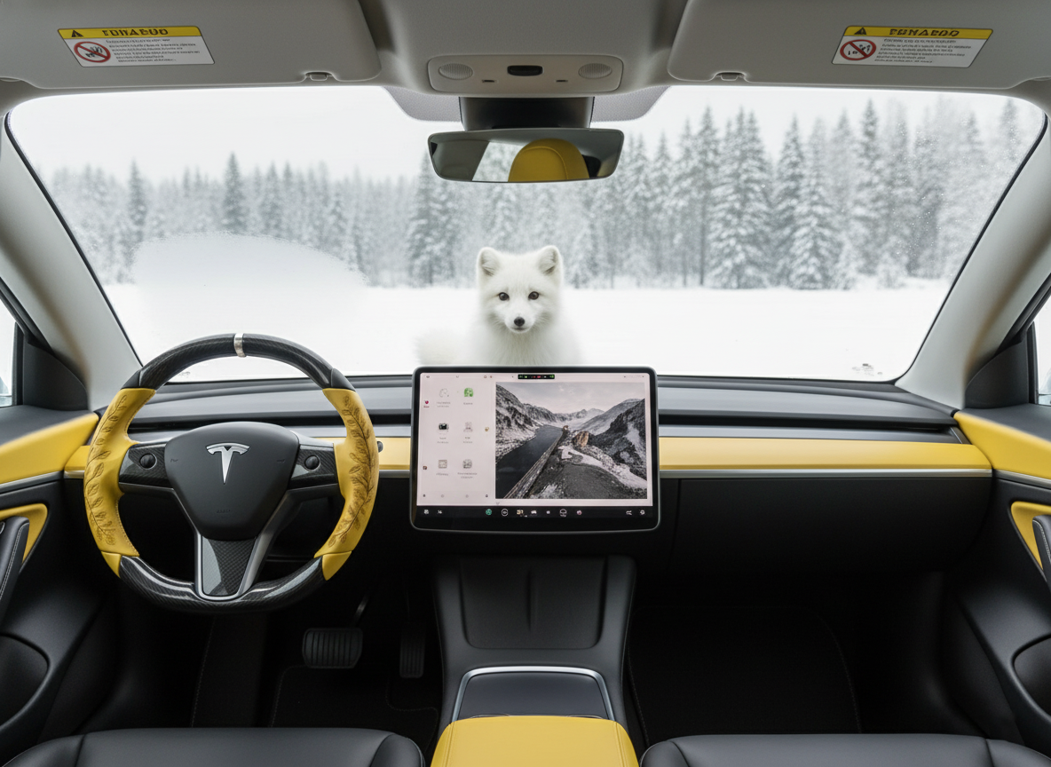 Yellow Leaf Vein Pattern Carbon Fiber Tesla Model Y Steering Wheel - DYNA (2020-2024) Axeco