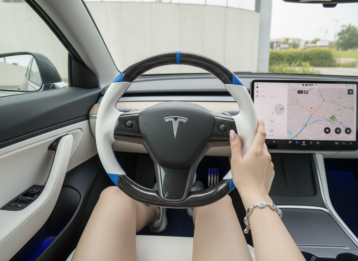 White and blue leather black carbon fiber Tesla Model Y steering wheel - DYNA (2020-2024) Axeco