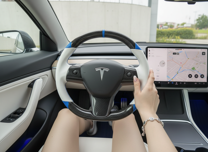 White and blue leather black carbon fiber Tesla Model Y steering wheel - DYNA (2020-2024) Axeco