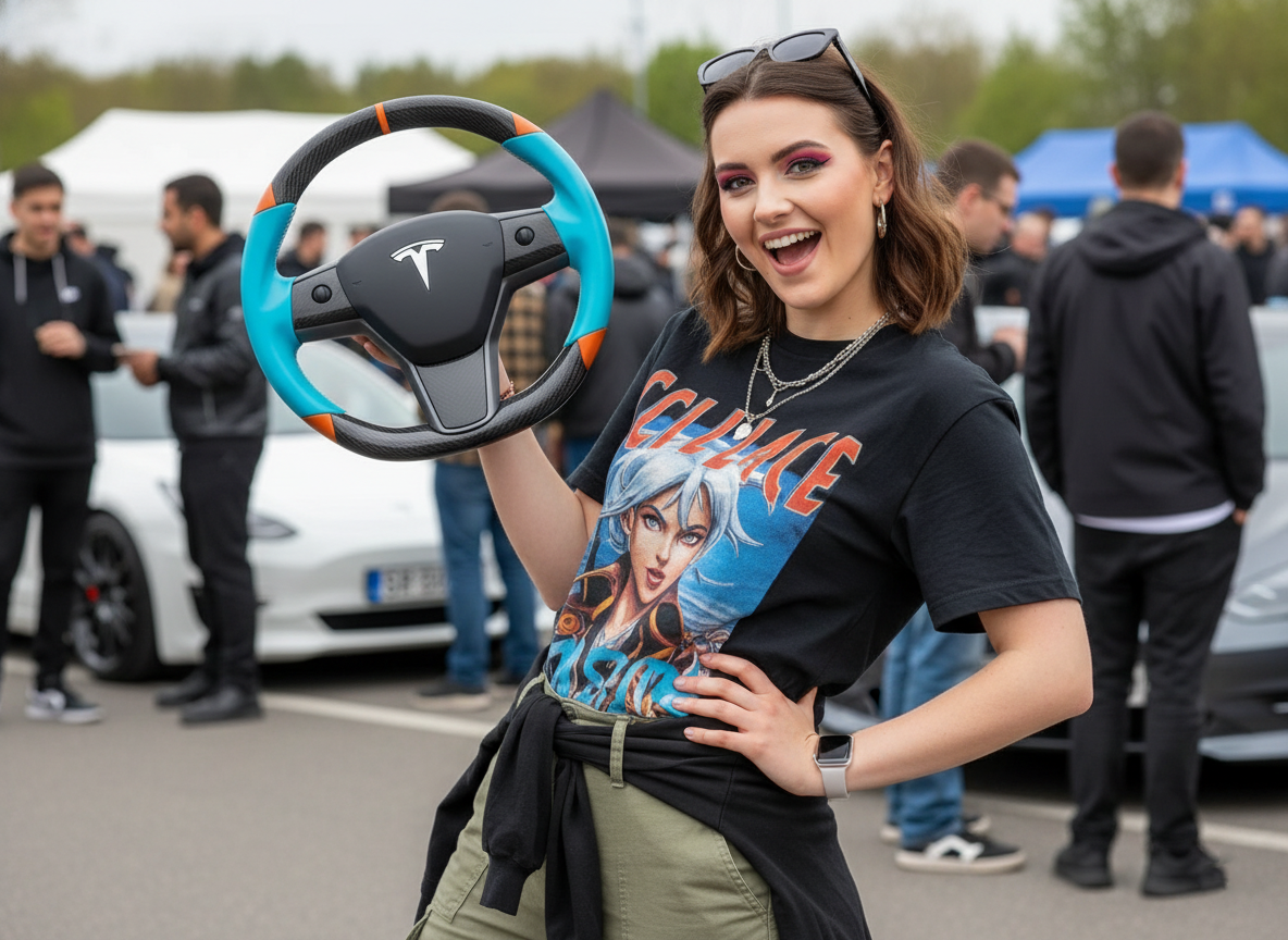 Light blue and orange Carbon Fiber Tesla Model 3 Custom Steering Wheel -DYNA(2017-2023.9) Axeco