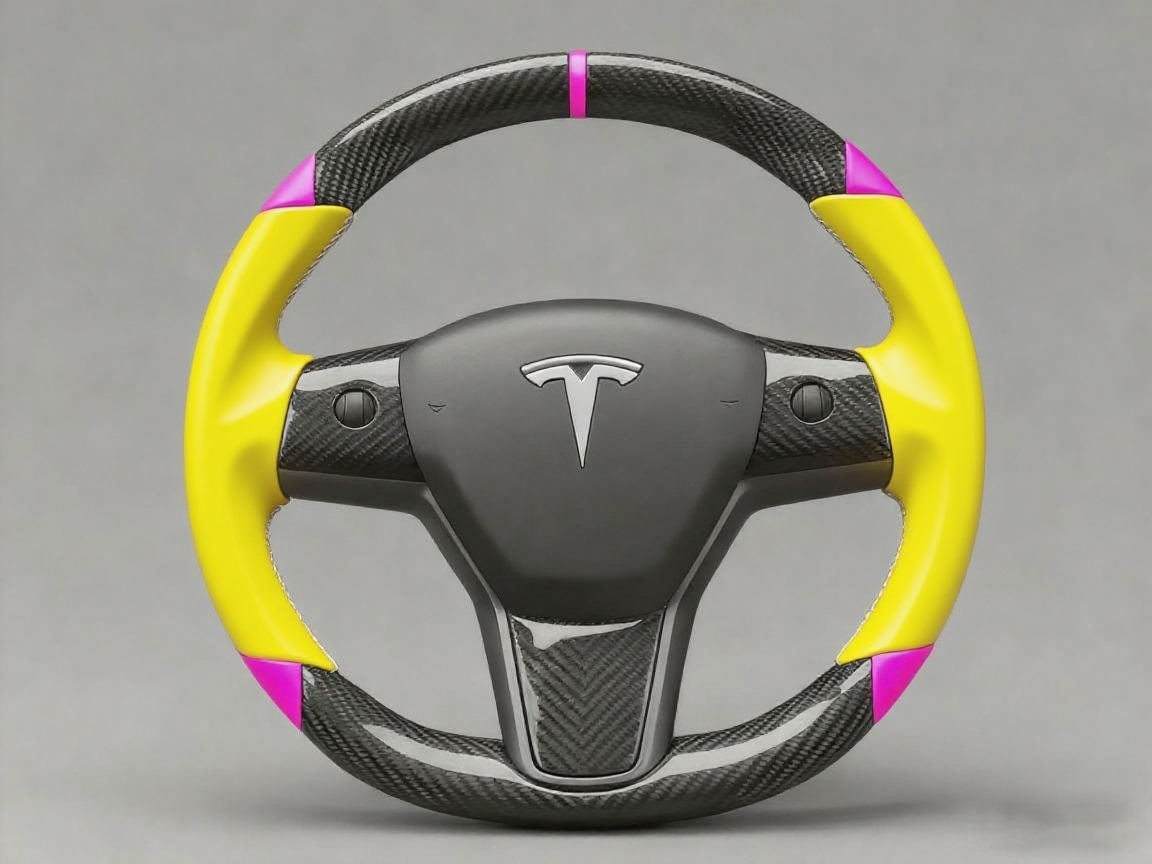 Yellow and pink Carbon Fiber Tesla Model 3 Custom Steering Wheel -DYNA(2017-2023.9) Axeco