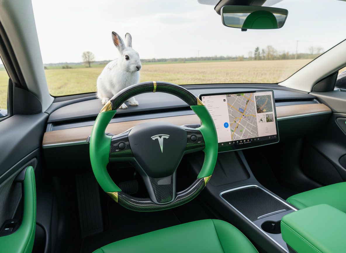 Green and gold leather black carbon fiber Tesla Model Y steering wheel - DYNA (2020-2024) Axeco