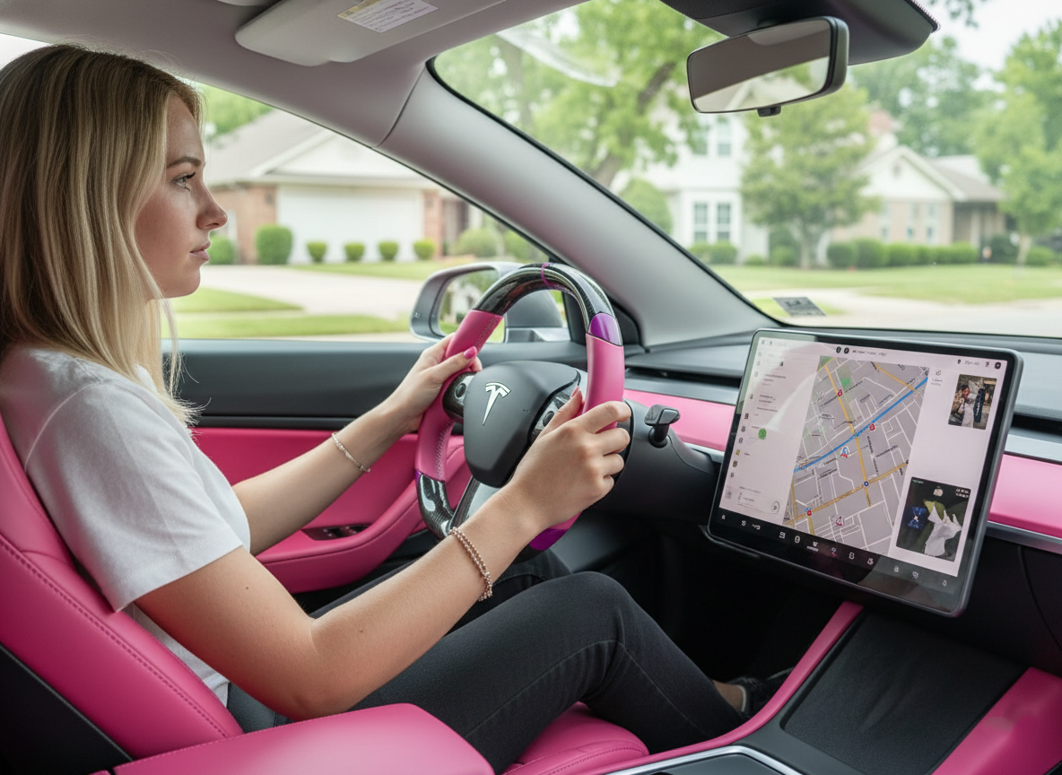 Pink and purple leather black carbon fiber Tesla Model Y steering wheel - DYNA (2020-2024) Axeco