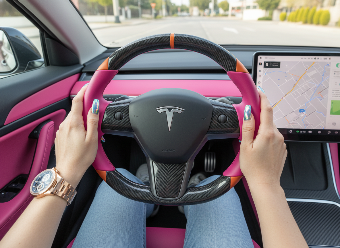 Pink and orange Carbon Fiber Tesla Model 3 Custom Steering Wheel -DYNA(2017-2023.9) Axeco
